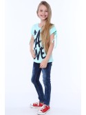 Girls\' blouse with short sleeves and an inscription, mint NDZ81690 - Online store - Boutique